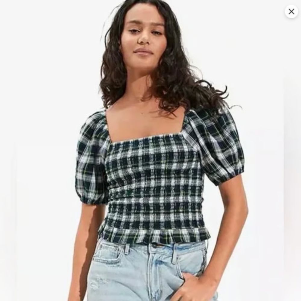 American Eagle Womens Smocked Puff-Sleeve Crop Top Plaid Size Small